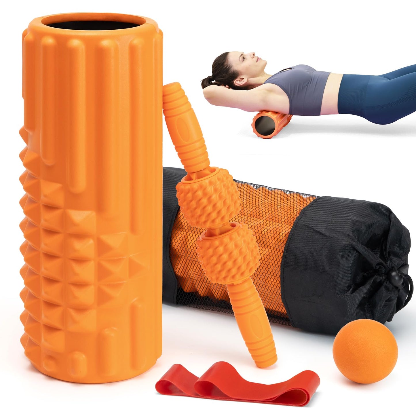 Zmarthumb 5 in 1 Foam Roller Set Trigger Point Back Roller Muscle Roller Stick Massage Ball Massage Roller Resistance Band for Deep Tissue Massage Fitness Exercise Yoga Pilates(Orange)