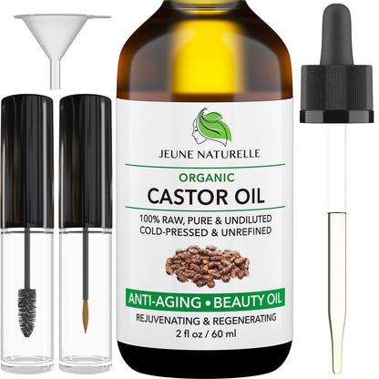 Jeune Naturelle Castor Oil Organic Cold Pressed Unrefined - 100% Pure Raw Virgin Undiluted for Hair Growth for Face Eyelashes Eyebrows Hexane Free Organic Castor Oil for Hair 2 oz
