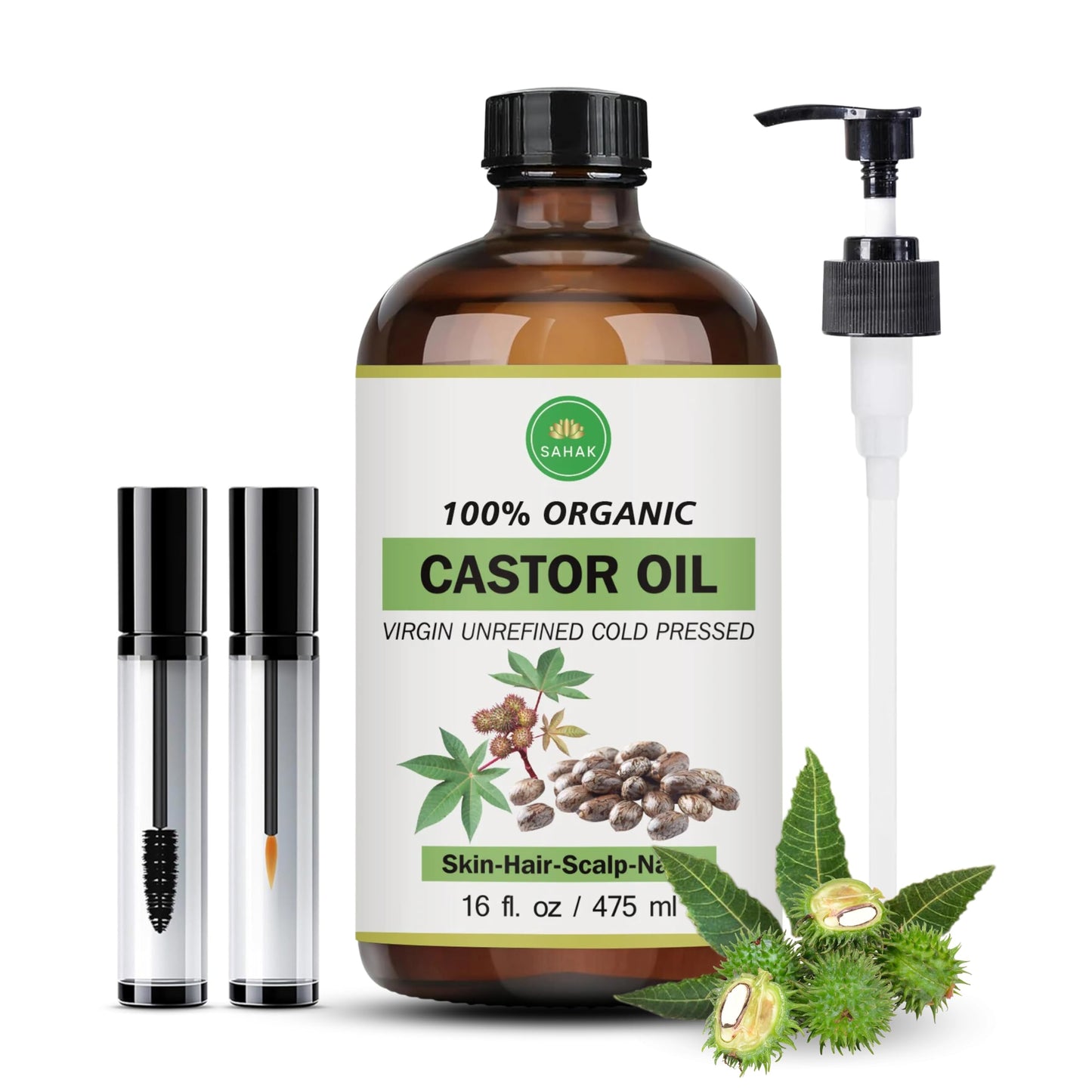SAHAK Organic Castor Oil-Cold Pressed I Castor Oil for Hair Growth I Hexane-Free Extra Virgin I Oil for Skin Castor Oil Pack Stimulates Lashes & Eyebrows I 100% Pure Castor Oil - 16oz Glass Bottle