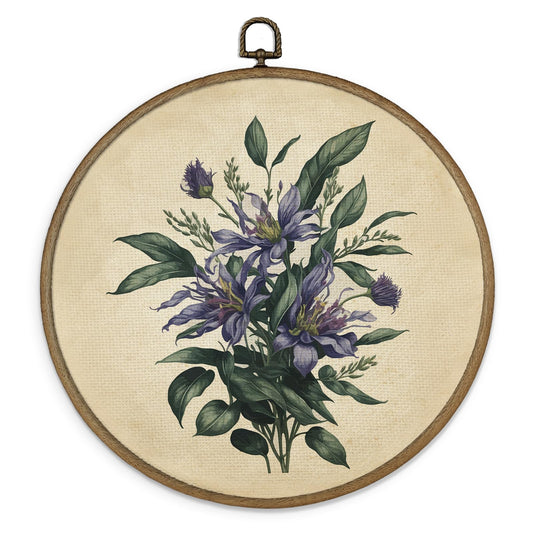 MAQIKA Retro Purple Floral Plant Framed Wall Art Decor Vintage Botanical Print Wildflower Round Wall Hanging Decor Purple Flower Canvas Prints Wall Art for Bedroom Kitchen Dorm Room 10x10 Inch