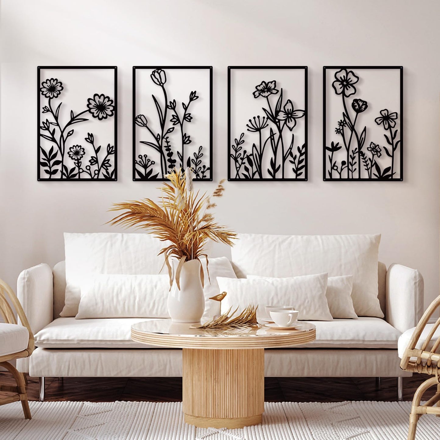 Sokurdeg Black Metal Flowers Wall Decor Minimalist Floral Wall Hanging Art Black Abstract Line Wall Art Sculptures for Bedroom Bathroom Living Room (4 Pcs 12 x 17 in)