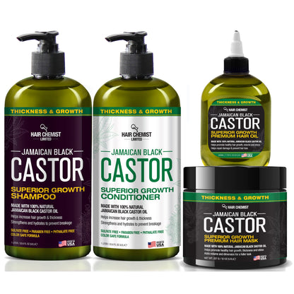 Hair Chemist Superior Growth Jamaican Black Castor Shampoo Hair Care Collection 4PC SET - Includes 33.8oz Shampoo 33.8oz Conditioner 12oz Hair Mask & 7oz Hair Oil