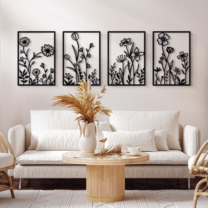 Sokurdeg Black Metal Flowers Wall Decor Minimalist Floral Wall Hanging Art Black Abstract Line Wall Art Sculptures for Bedroom Bathroom Living Room (4 Pcs 12 x 17 in)
