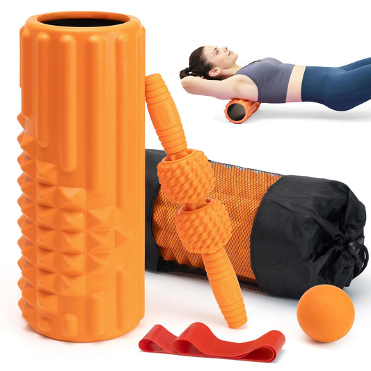 Zmarthumb 5 in 1 Foam Roller Set Trigger Point Back Roller Muscle Roller Stick Massage Ball Massage Roller Resistance Band for Deep Tissue Massage Fitness Exercise Yoga Pilates(Orange)